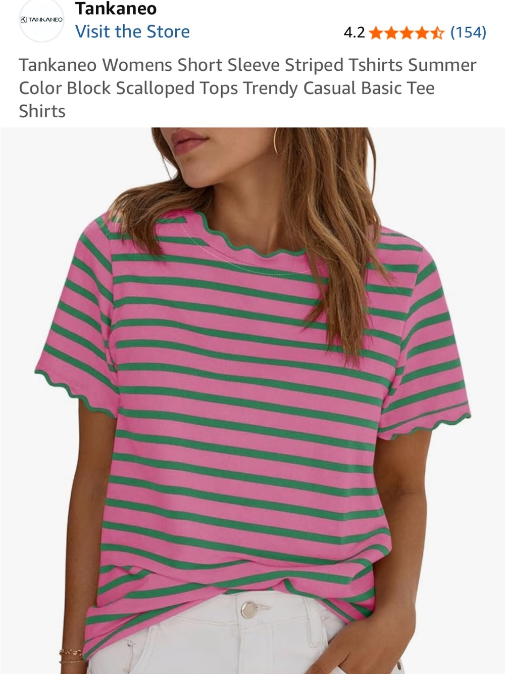 Pink and Green Striped Scallop Edge Tee